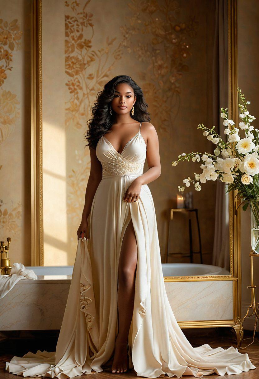 A captivating scene showcasing a confident, curvy woman exuding sensuality, surrounded by soft, flowing fabrics and warm ambient lighting. Incorporate elements of self-love like mirrors reflecting her beauty, flowers symbolizing growth, and uplifting quotes in the background. The atmosphere should feel empowering and intimate, inviting appreciation of body positivity. vibrant colors. super-realistic. soft focus.