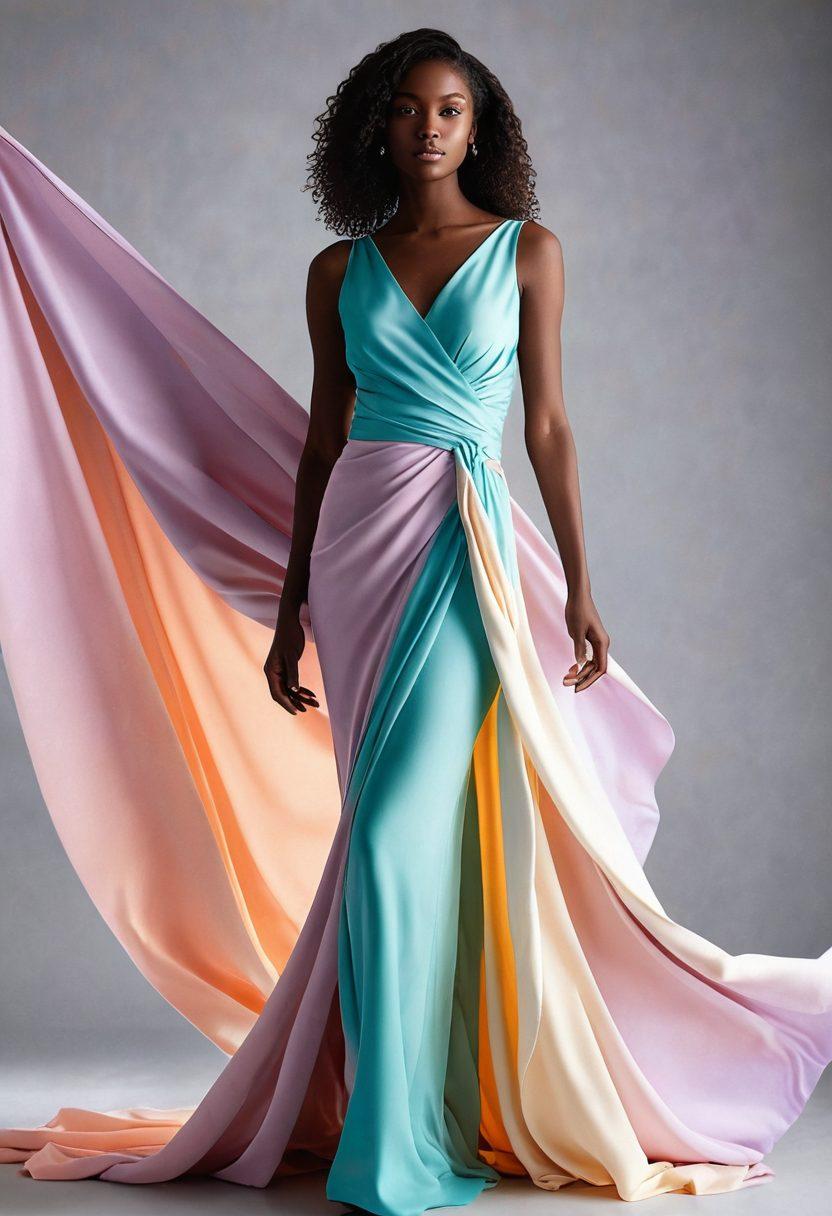 Capture an elegant silhouette of a confident woman standing tall with flowing fabric around her, radiating a sense of empowerment and sensuality. Incorporate soft, glowing light that highlights her features, symbolizing the journey to body confidence. Surround her with abstract shapes and soft pastel colors to evoke a sense of fluidity and grace. Use rich textures to illustrate depth and movement in the fabric. dreamy. vibrant colors. soft focus.