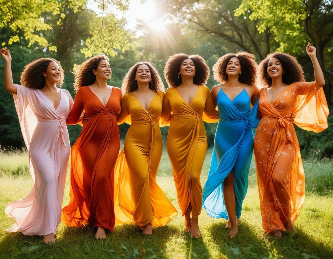 A strong and diverse group of women celebrating their bodies in a vibrant outdoor setting, showcasing a variety of sizes and ethnicities, radiating confidence and empowerment. The background features lush greenery and a bright blue sky, symbolizing freedom and transformation. Include elements like soft sunlight and flowing fabrics to enhance the feeling of sensuality and warmth. artistic photograph. vivid colors. natural light.